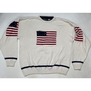 Hammacher Schlemmer Knit USA Flag Crewneck Sweater Men XL Cream Multicolor